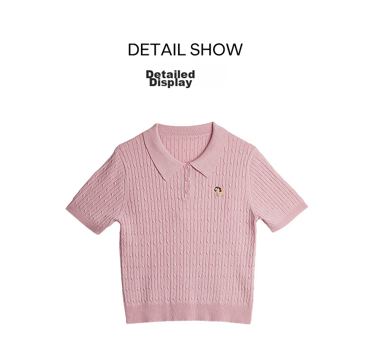 Olrain Oureier Twisted Flower Polo Collar Vintage Commuter Knit Pullover Women's Summer Simple Top Pink M 28