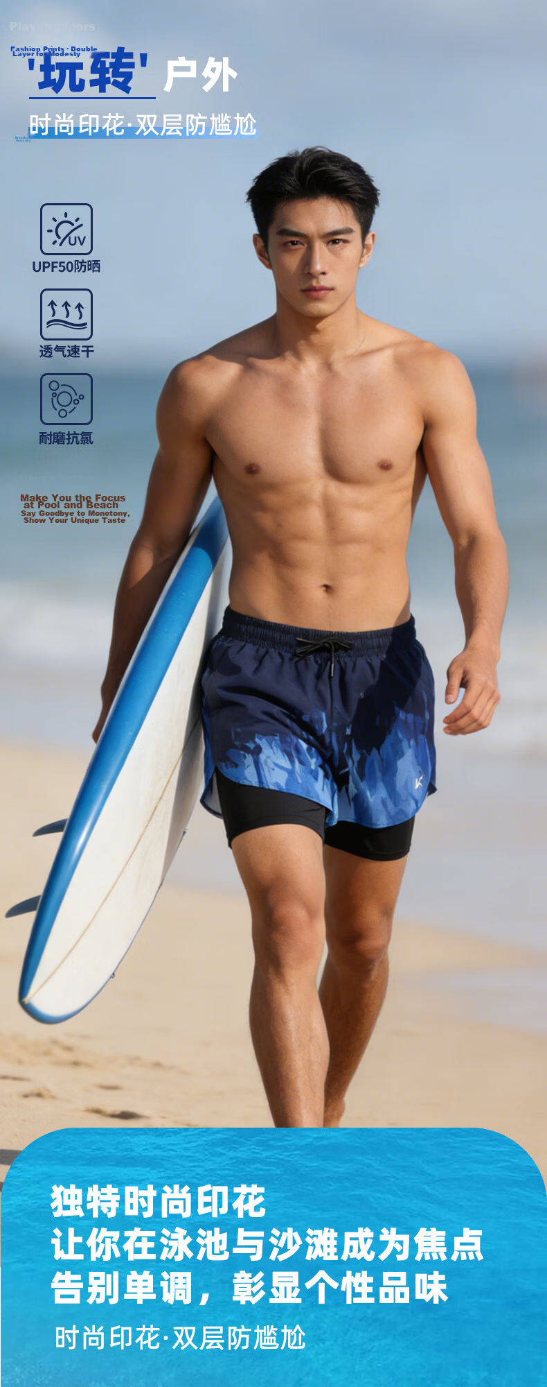 Keep Men's Quick-Dry Swim Trunks Beach Shorts Water-Resistant Summer Professional Swimming Pants Blue Print XL 1