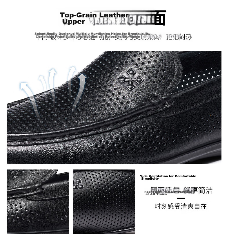 LAORENTOU Men's Leather Shoes, Business Casual Shoes, Top-Grain Cowhide Slip-Ons, Wear-Resistant Breathable Sandals, Men's Hollow Breathable Shoes, Perforated Shoes LL13190 Black 44 7