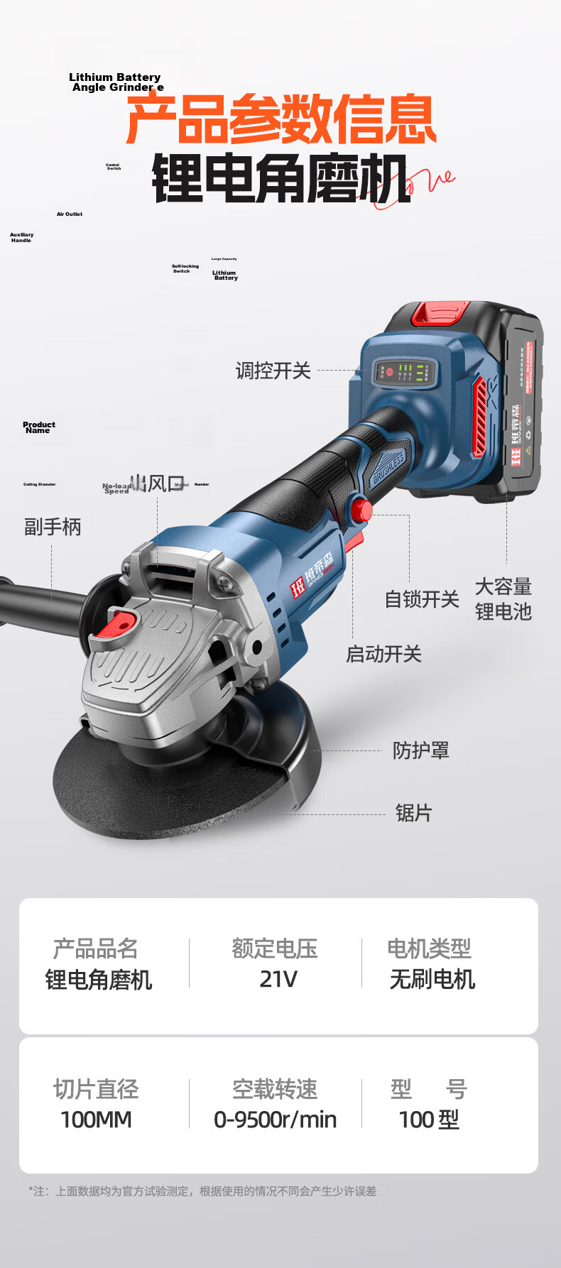 Bandison 21V Brushless Lithium Battery Cordless Multi-Function Angle Grinder Cutting Polisher High-Power Angular Grinding Machine 14
