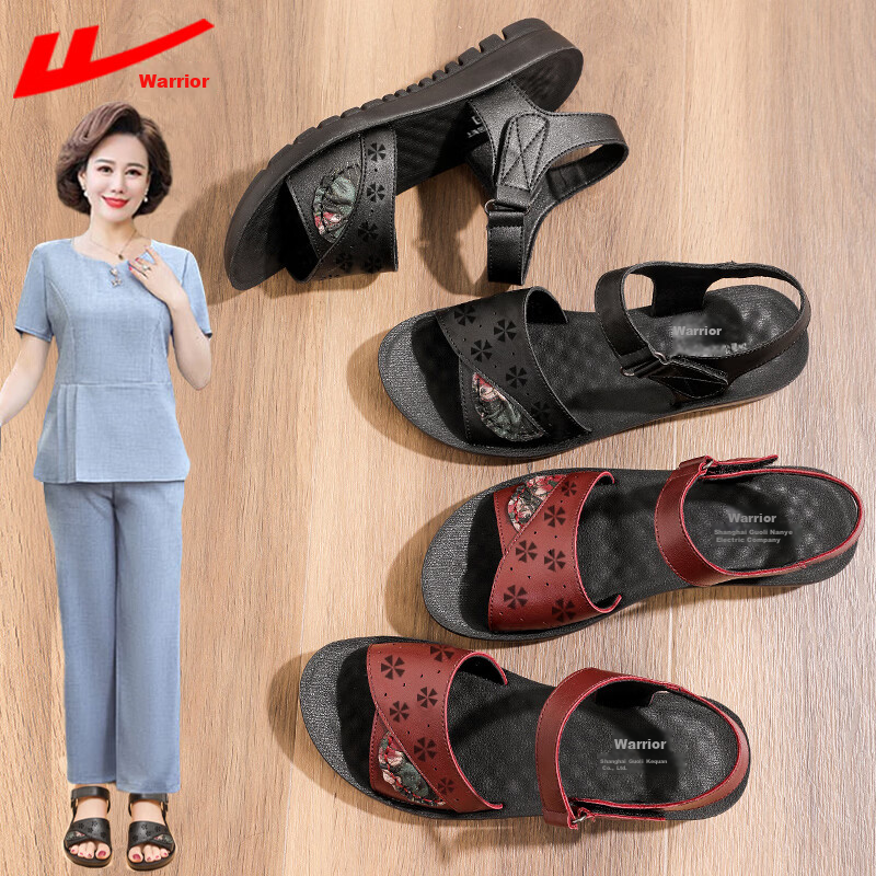 Warrior Mom Sandals Middle-aged Genuine Leather Soft Sole Summer Flat Non-slip Elderly Women Grandma 0720 Black Size 34