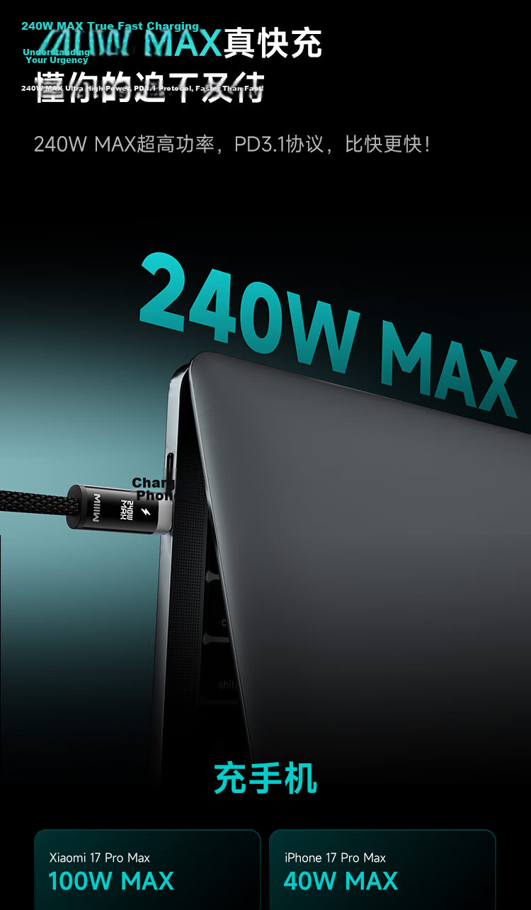 MIIIW Digital Display Magnetic Type-C 240W 6A Braided Fast Charging Cable for Apple 17/Xiaomi/Huawei/Laptops 1m 9