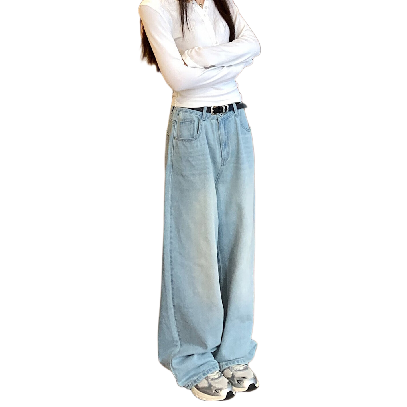 ICH MODE "Versatile Favorite" Loose Slim Casual Relaxed Straight-Leg Jeans Women's Wide-Leg Pants Light Blue XL