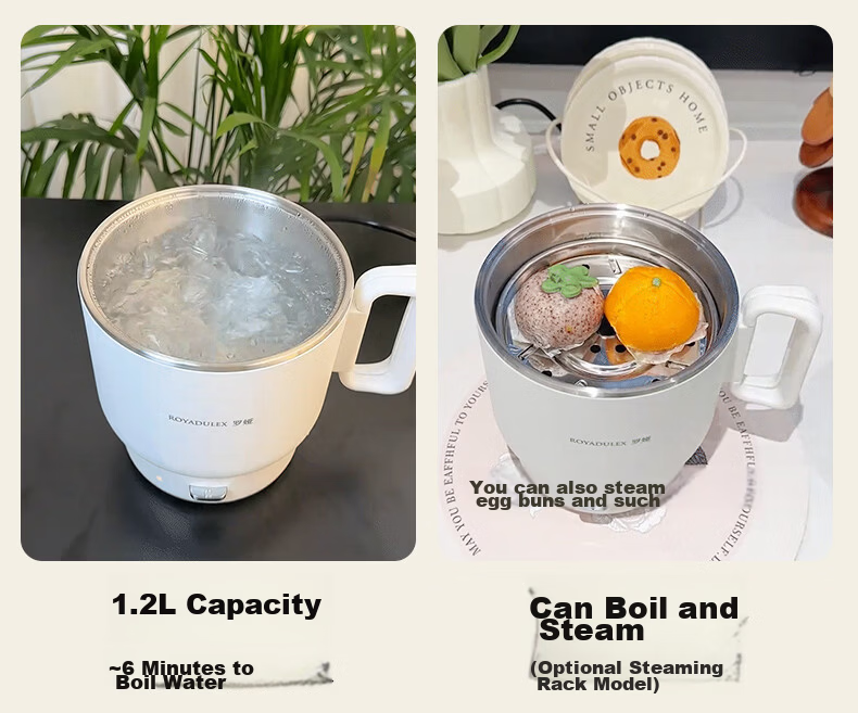 ROYALTY LINE Portable Electric Cooking Pot Foldable 304 Stainless Steel Travel Pot 1.2L Dormitory Split Multifunctional Small Electric Cooker for 1-2 People White with Steaming Rack 5