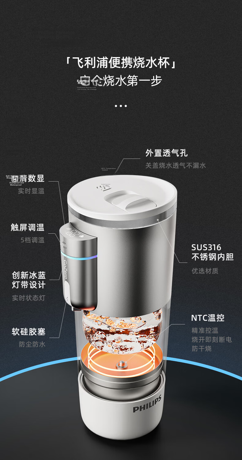 PHILIPS Car Kettle Portable Electric Water Boiler 12V 24V 220V Universal Car Travel Water Heater 3