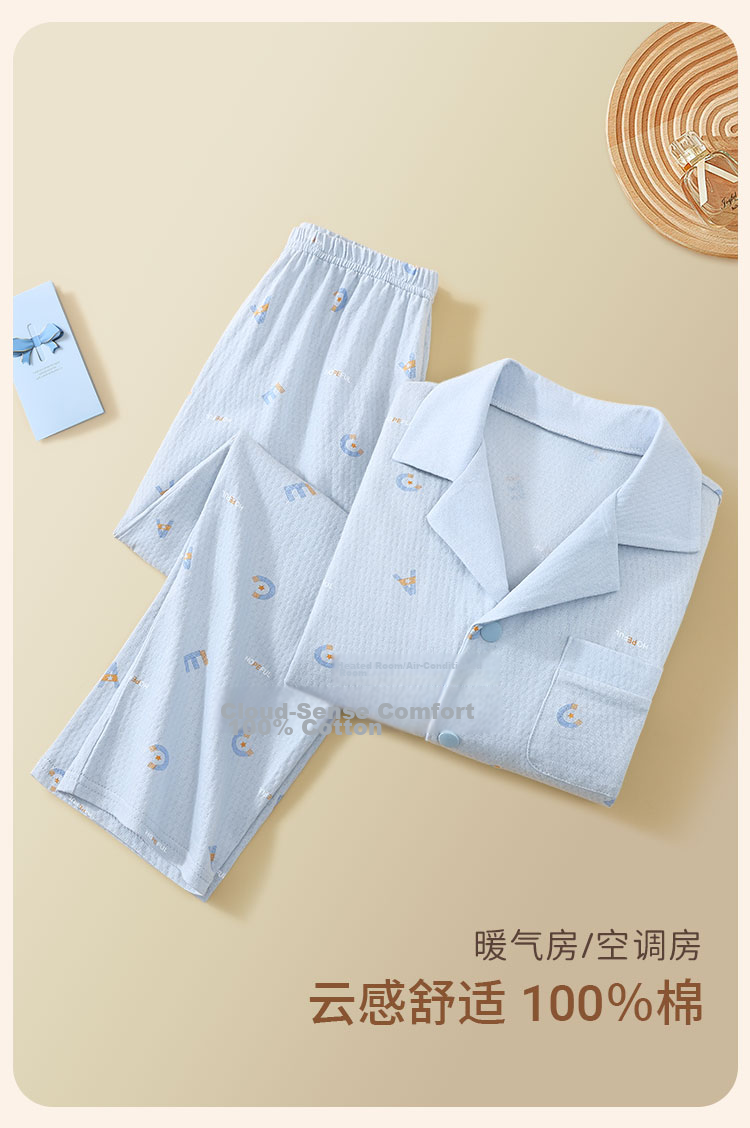 Cotton Children's Pajamas Boys Spring Summer Mesh Homewear Set Breathable Pure Cotton Air Conditioning Clothes for Teens 2