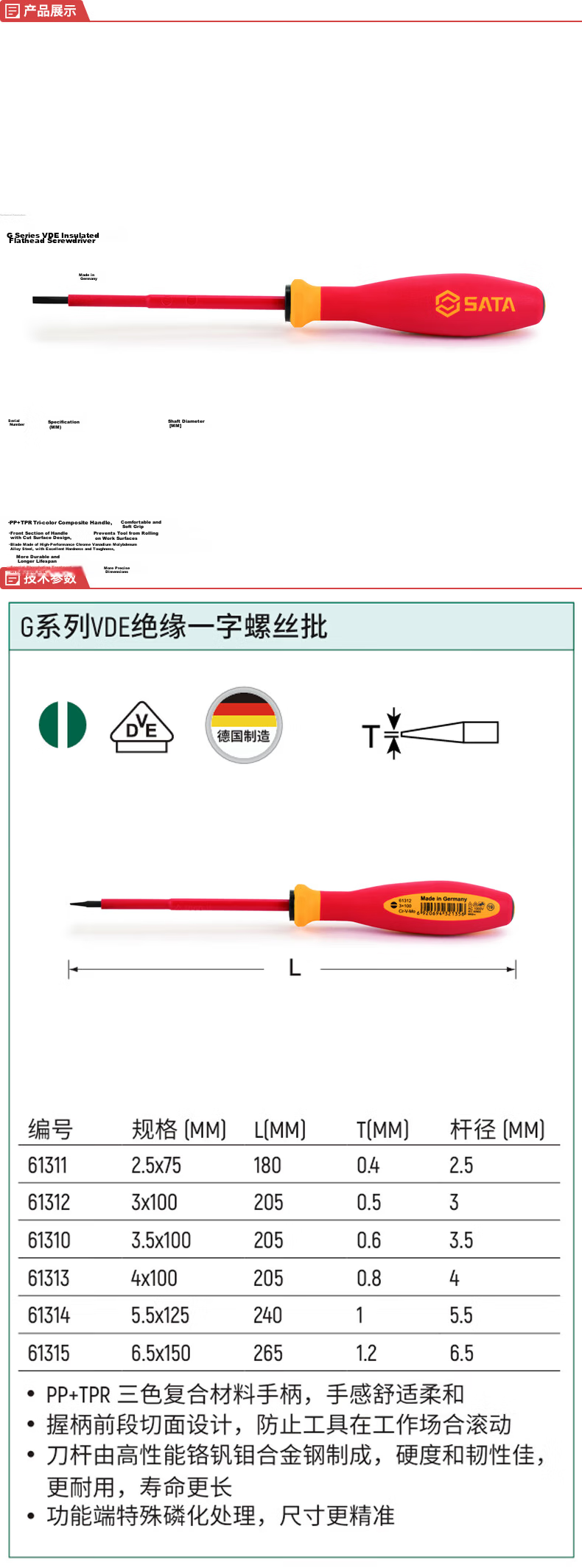SATA G Series Tri-Color Handle Flathead Screwdriver 6X150mm 63704 1