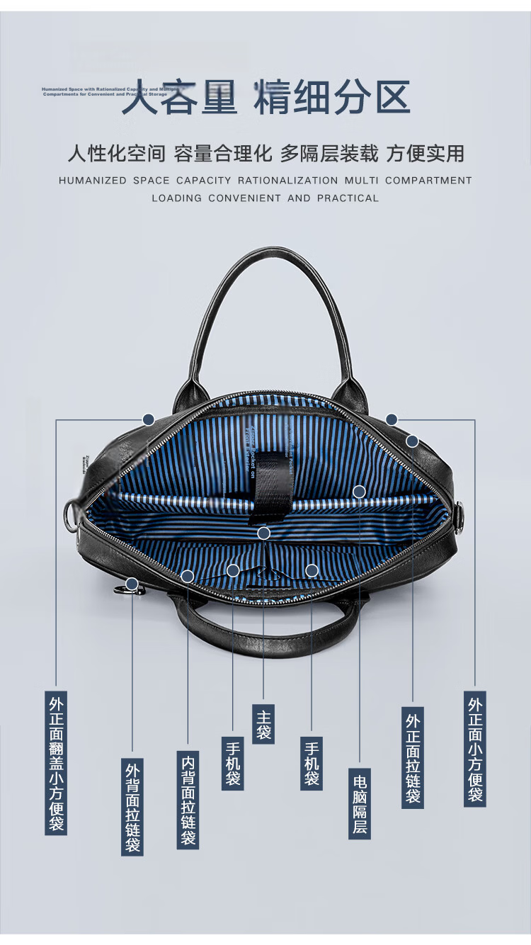 COW Men's Handbag Business Briefcase Laptop Bag Fashion Trendy Shoulder Crossbody Bag C-6669 Black 9