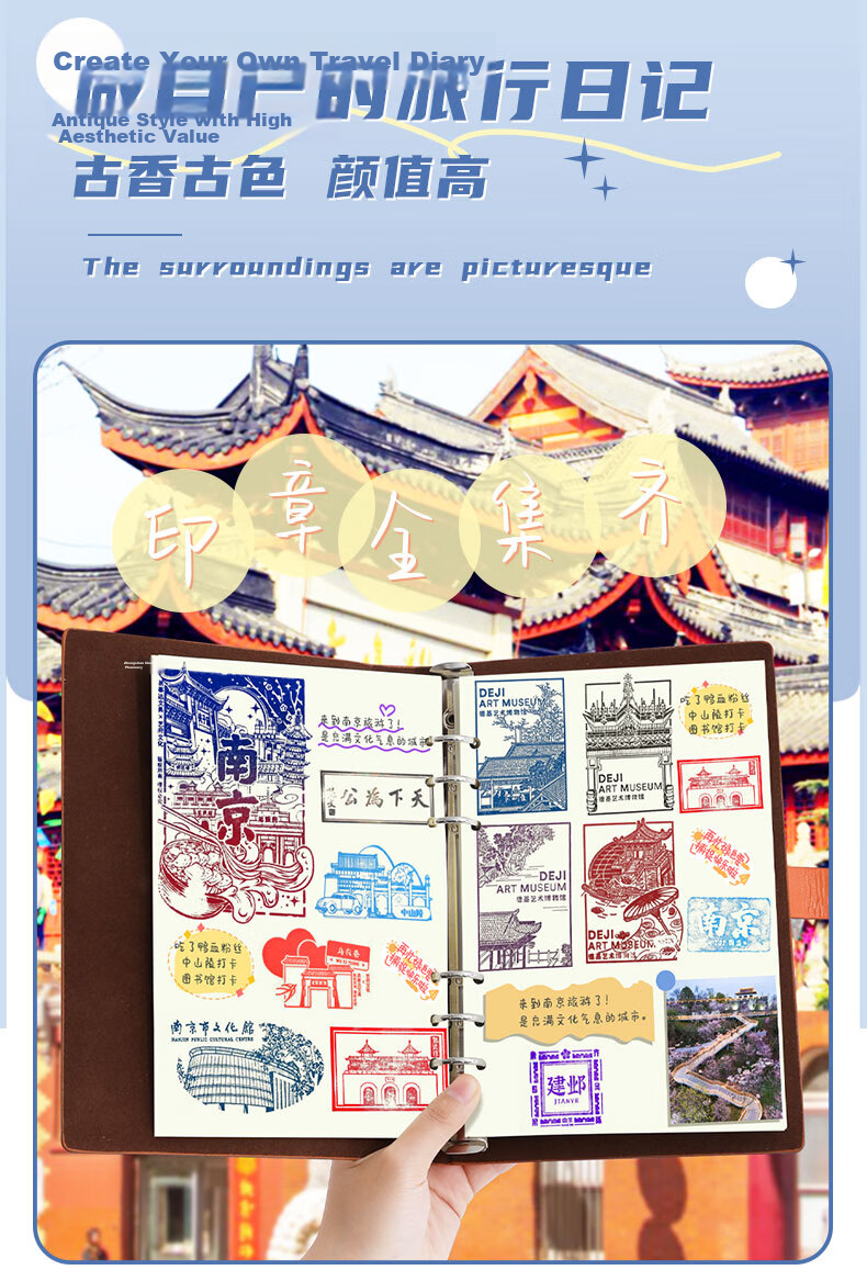 Faramon Stamping Travel Scrapbook Loose-leaf Travel Collection Notebook Souvenir Stamp Album Journal Blank Blue for Nanjing Beijing Museum Zoo Forbidden City Chongqing Check-in Spots 3