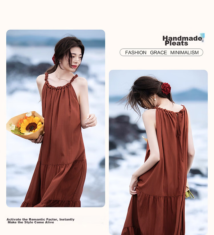 Demana [Neck-Tie Halter] Summer Elegant Vacation Style Handmade Gathered Collar Off-Shoulder A-Line Waistless Women's Dress 6