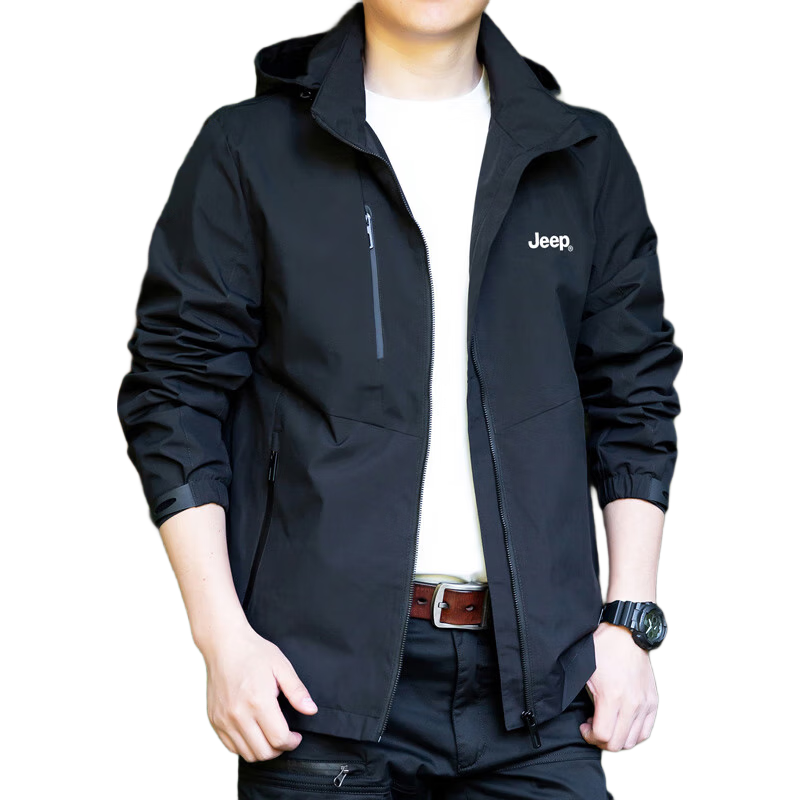 JEEP Men's Jacket, Spring And Autumn Casual Hooded Loose Windbreaker Coat, Black, 3XL