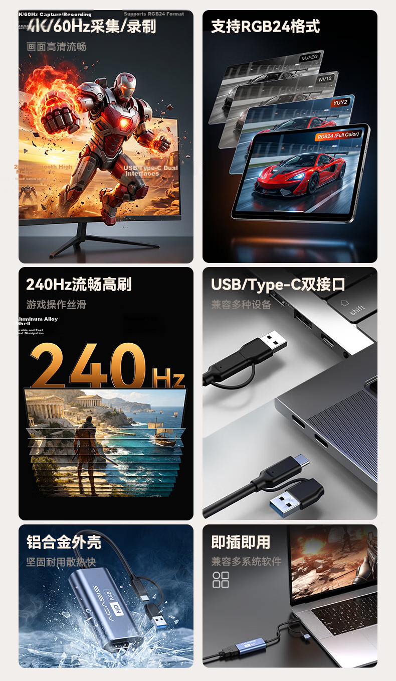 Acasis Live Streaming Capture Card Switch2 Portable Base Game HD Video Screen Casting Capture Dock NS2 Direct Connection to IPad Tablet Smartphone TV Laptop DJI VC-003Pro 2