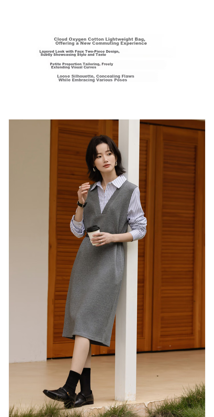 Demana [Cloud Oxygen Cotton Blend] Spring Smart Commuter Two-Piece Style Lapel Loose Mid-Length Women's Dress 6