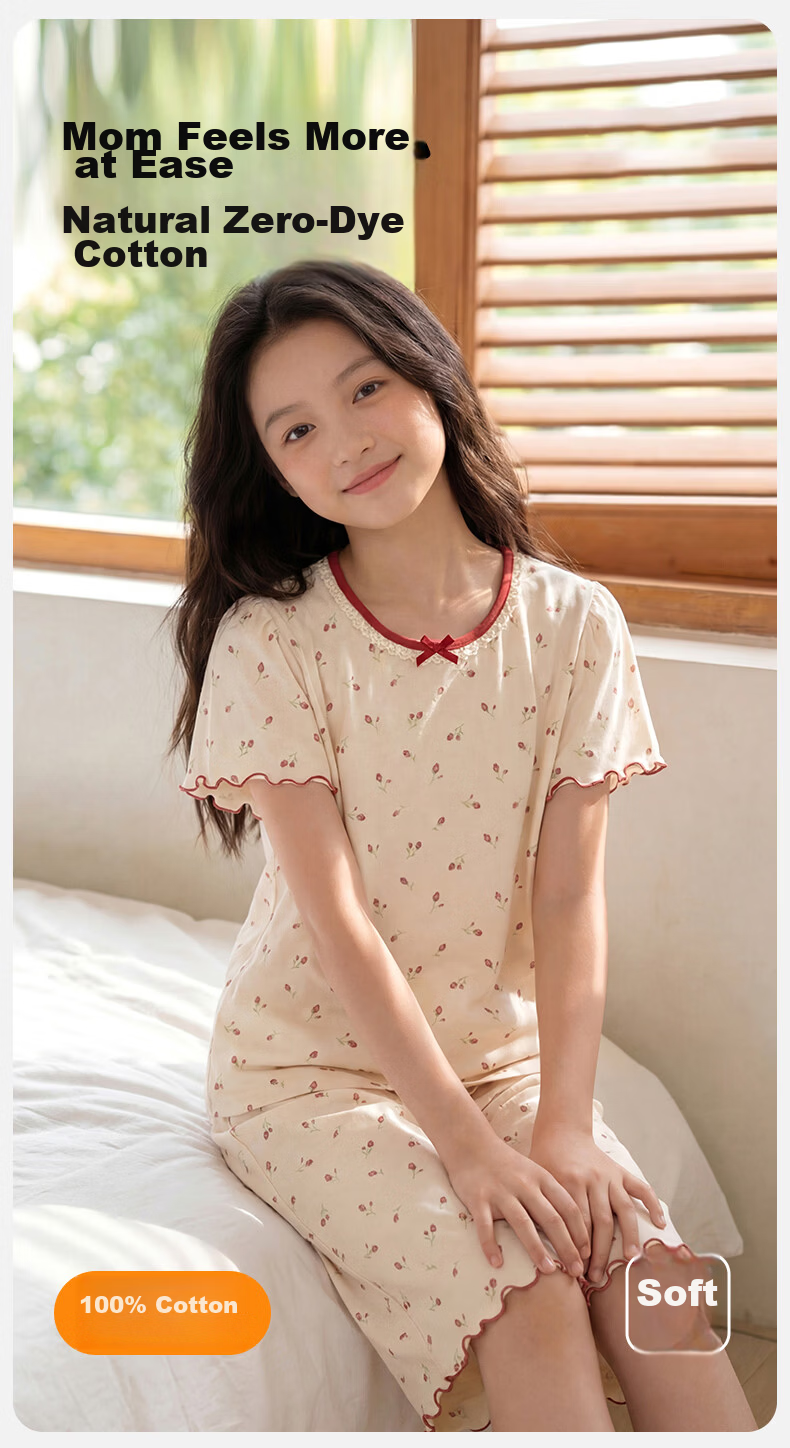 Dingguagua Girls' Short Sleeve Summer Pajama Set, Lightweight A-Class Pure Cotton Breathable Sleepwear for Ages 6-12, Junior High School Student Size 170 2