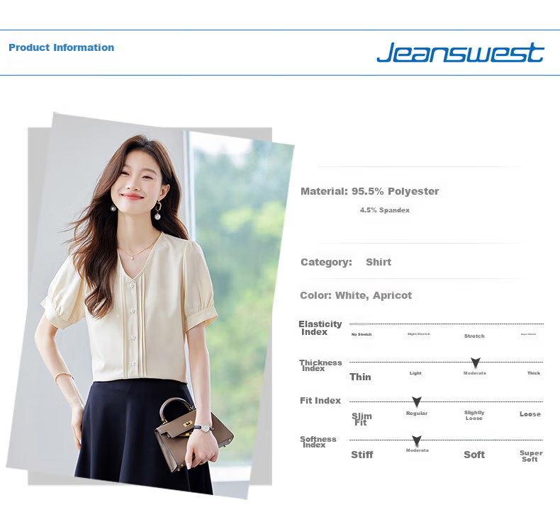 Jeanswest Women's V-Neck Short Sleeve Shirt Summer Elegant Commuter Casual Simple Cardigan Top Apricot M 7