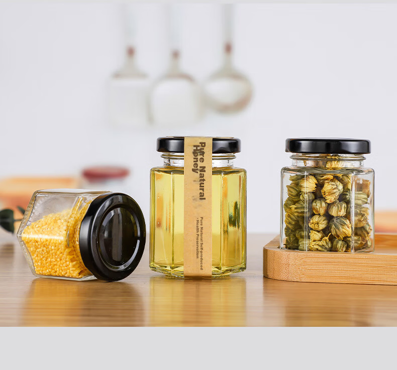 PINYU Glass Jar with Lid Food Grade Hexagonal Jam Chili Sauce Sealed Jar Honey Lemon Paste Grain Dry Goods Storage Container 15