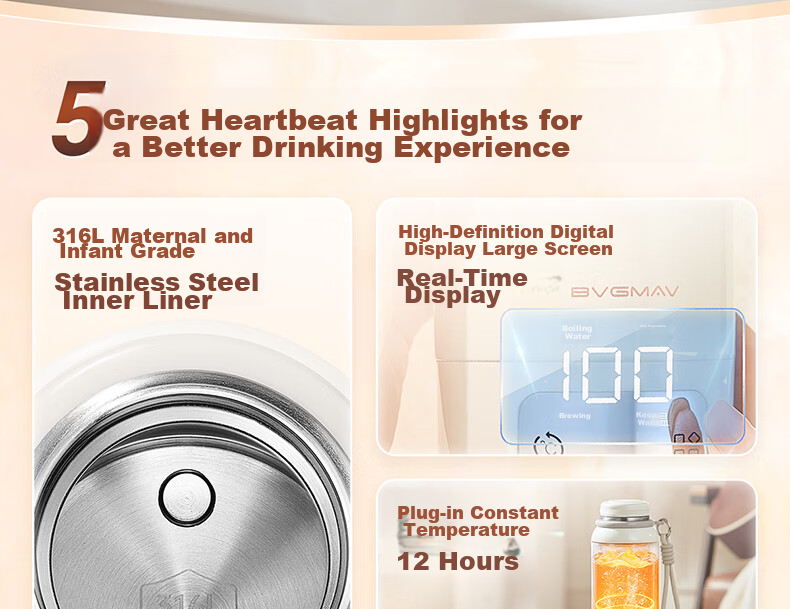 BVGMAV Electric Heated Water Cup Insulated Anti-Scald Travel Electric Kettle 316L Stainless Steel Odorless 1L Large Capacity Constant Temperature Kettle 4