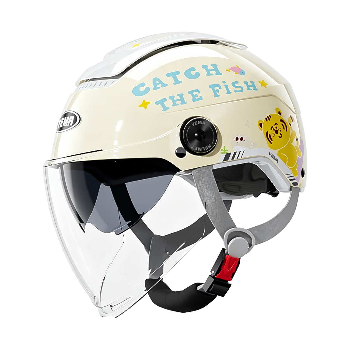 YEMA Kids Helmet 3C Certified Summer Sun Protection Electric Vehicle Half Helmet Unisex Children Electric Bike Motorcycle Safety Helmet Ages 3-12 252S Khaki White with Transparent Long Visor