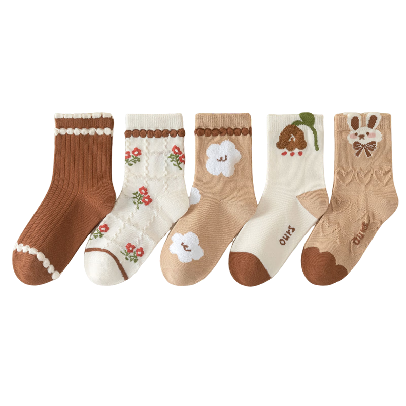 MiiOW Children's Socks for Girls, Spring And Summer Mid-Calf Socks with Lace Trim, Casual Breathable Cotton Socks for Girls And Toddlers, 5 Pairs Per Pack
