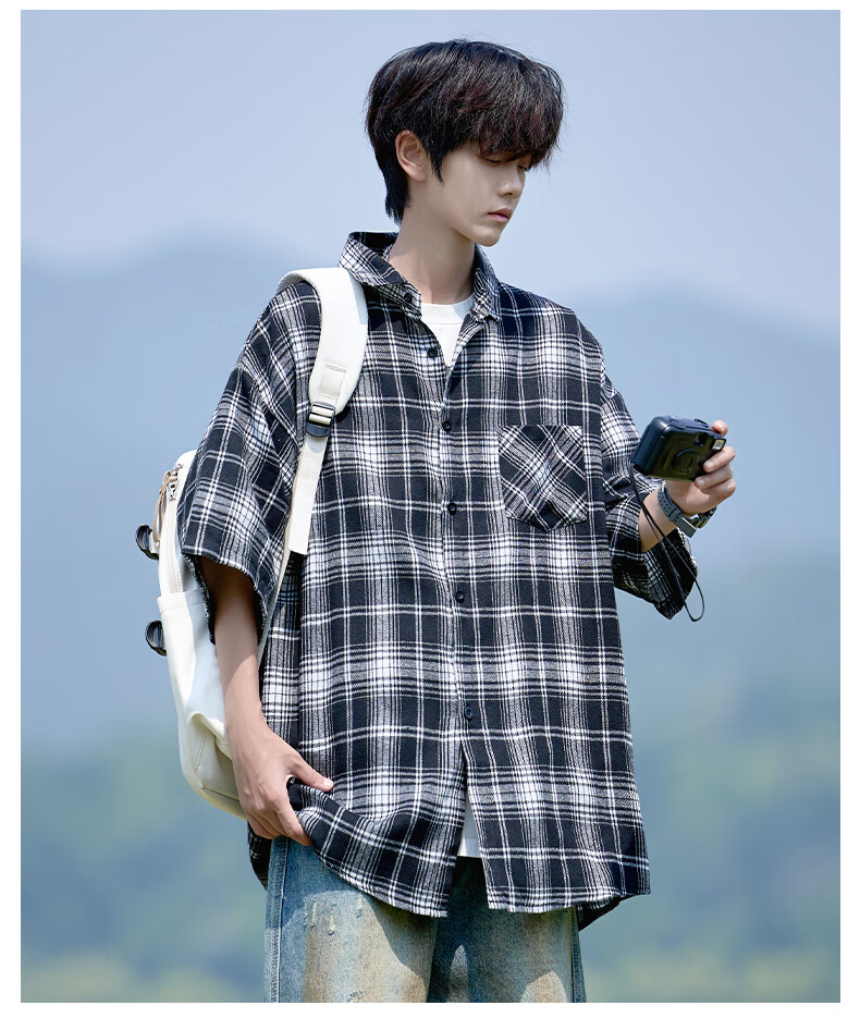 CLOR Men's Plaid Long Sleeve Shirt Spring Autumn Ins Loose Casual Retro Jacket CLCX10 Black 2XL 13