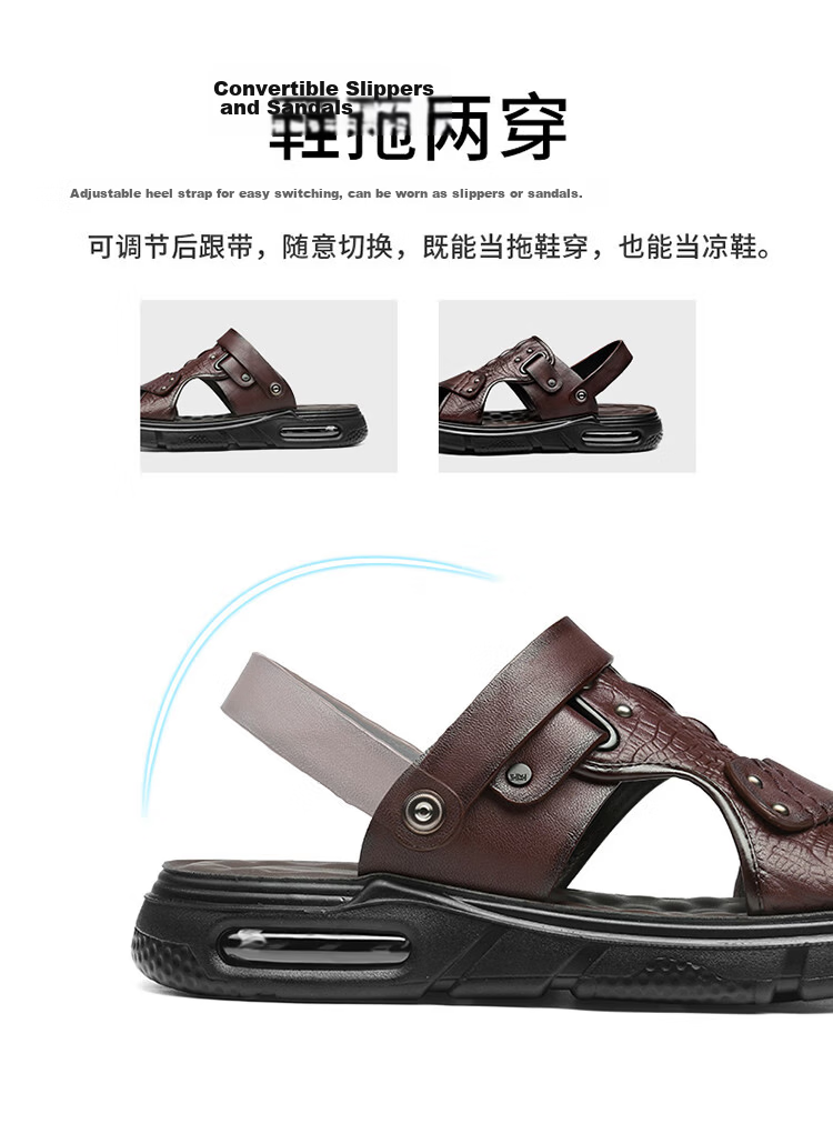 PLAYBOY Men's Leather Summer Sandals Genuine Leather Dual-Purpose Beach Shoes Lightweight Air Cushion Black Size 38 9
