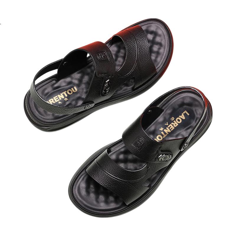 LAORENTOU Men's Shoes, Breathable, Cool, Soft Cowhide Beach Sandals, Versatile Casual Dual-Use Slippers, A90123, Black, Size 40