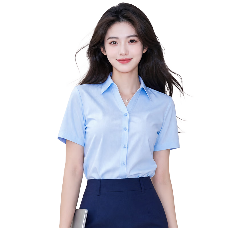 Chaoxu Plus Size Blue Shirt Women's Summer Short Sleeve Simple Loose Commuter Blouse Professional Teacher Bank Uniform Top