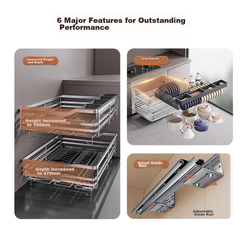 Sijimuge Pull-Out Basket Kitchen Drawer 304 Stainless Steel Double-Layer Dish and Spice Rack Cabinet Basket 4
