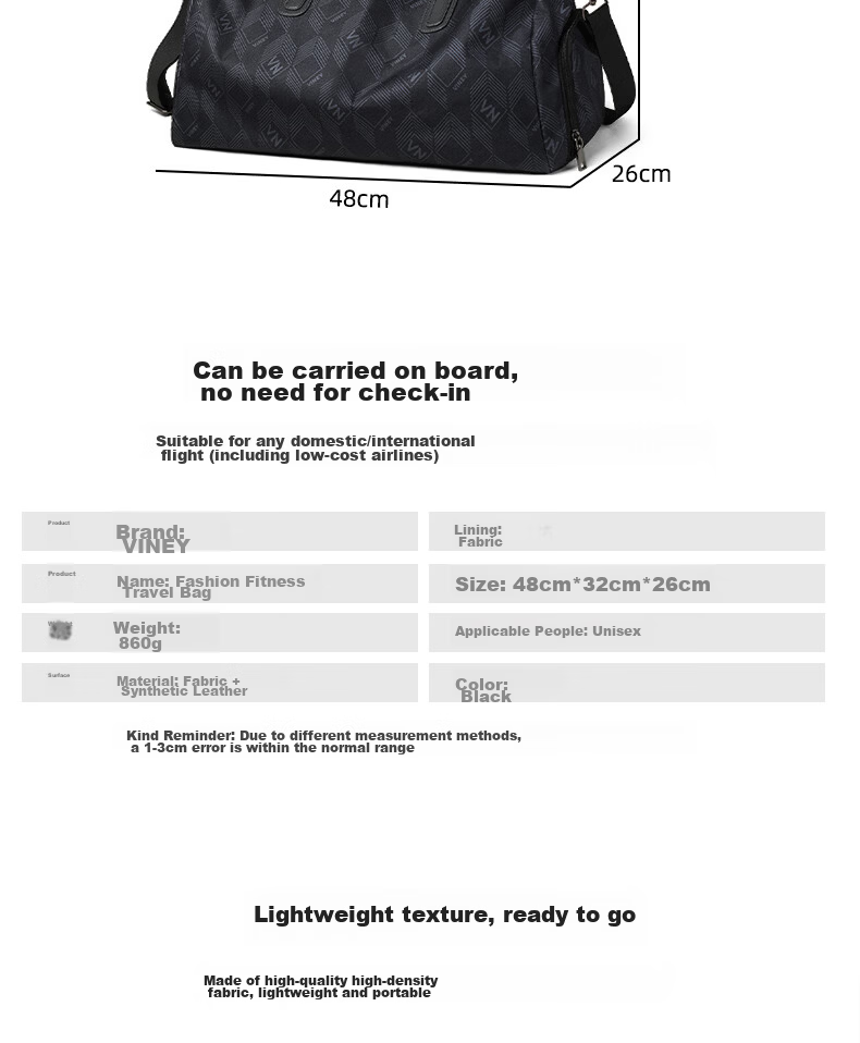Viney Travel Gym Crossbody Luggage Bag Short Trip Business Men's Sports Handbag Lightweight Large Capacity 5