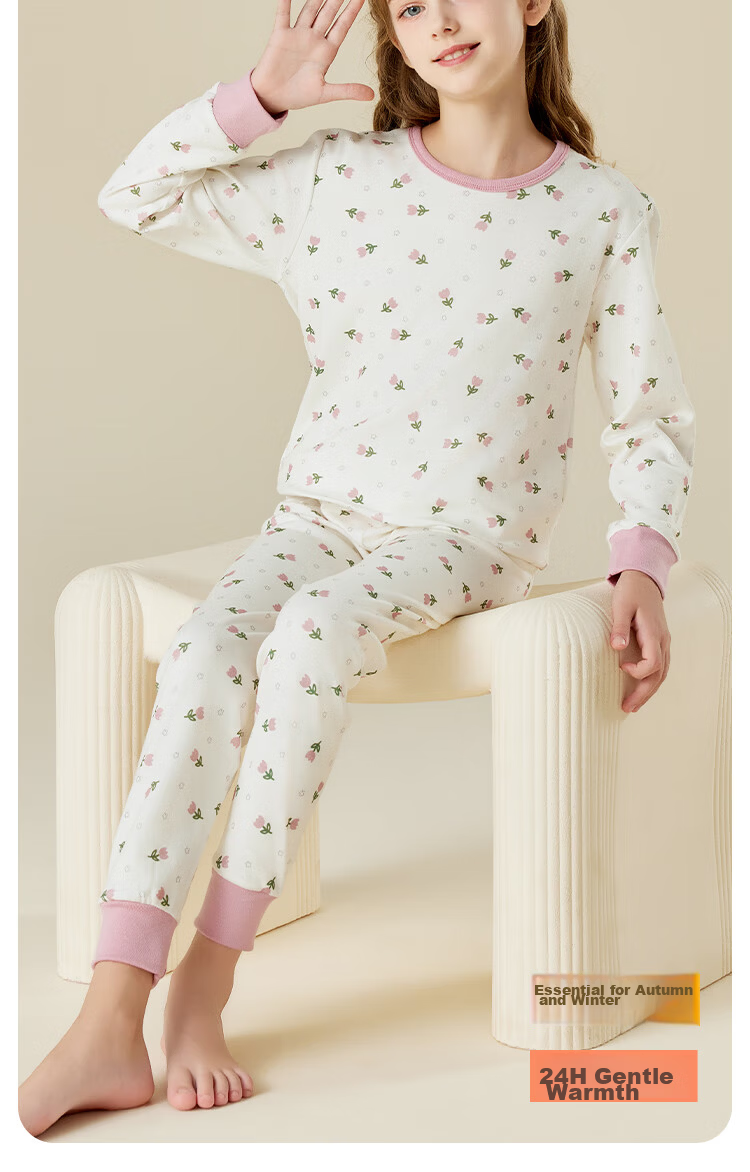 LangSha Kids Cotton Autumn Winter Underwear Set Girls Long Johns Pajamas for Teens 130cm 2