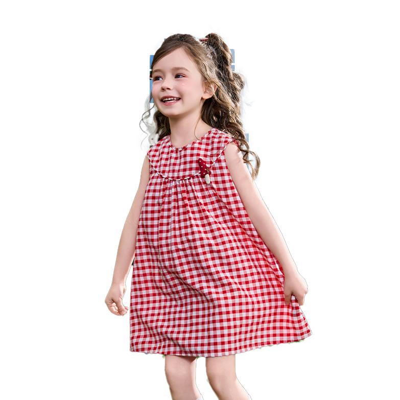 ASK JUNIOR Kids Dress 26 Summer Toddler Plaid Color-Block French Style Sleeveless Vest Dress for Girls Red