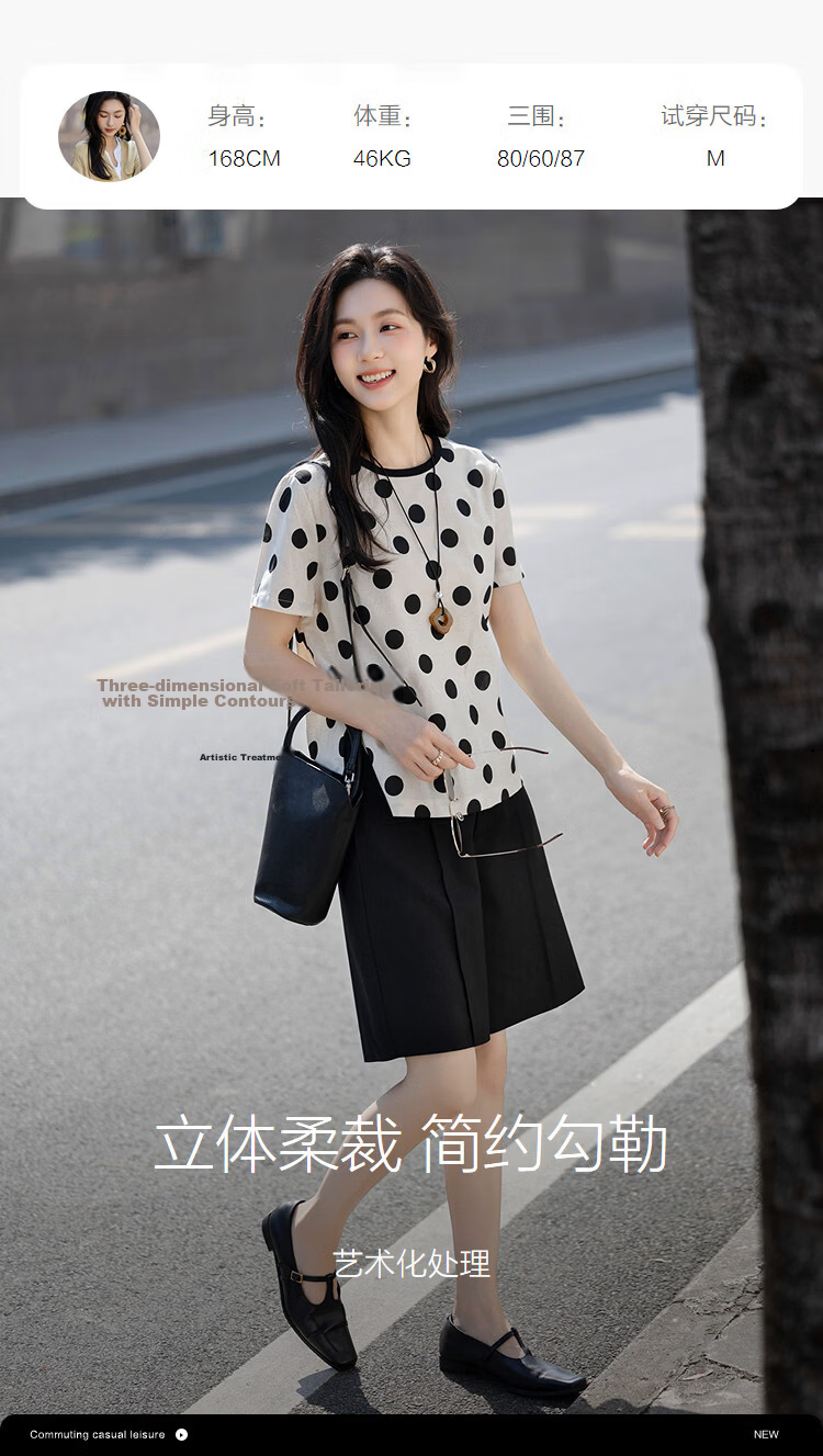Demana [Linen Cotton Blend] Summer Vintage Urban Colorblock Crew Neck Polka Dot Print Loose Slimming T-Shirt for Women Premium 9