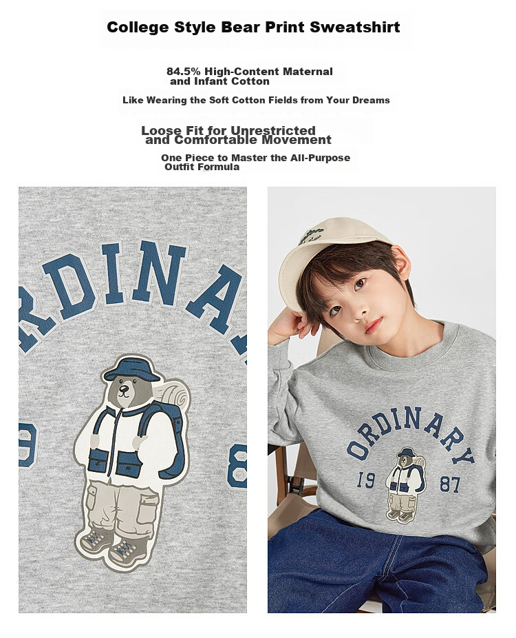 Duoduo Kids 2026 Spring Autumn College Bear Sweatshirt Boys Casual Sports Top Comfortable Long Sleeve Base Layer for Older Children 3