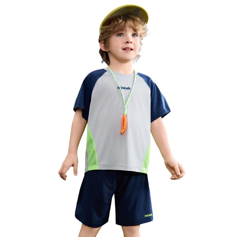 ASK JUNIOR Boys' Quick-Dry Summer Sports Set 2026, Lightweight Breathable Short Sleeve and Shorts Two-Piece, Blue, Size 90