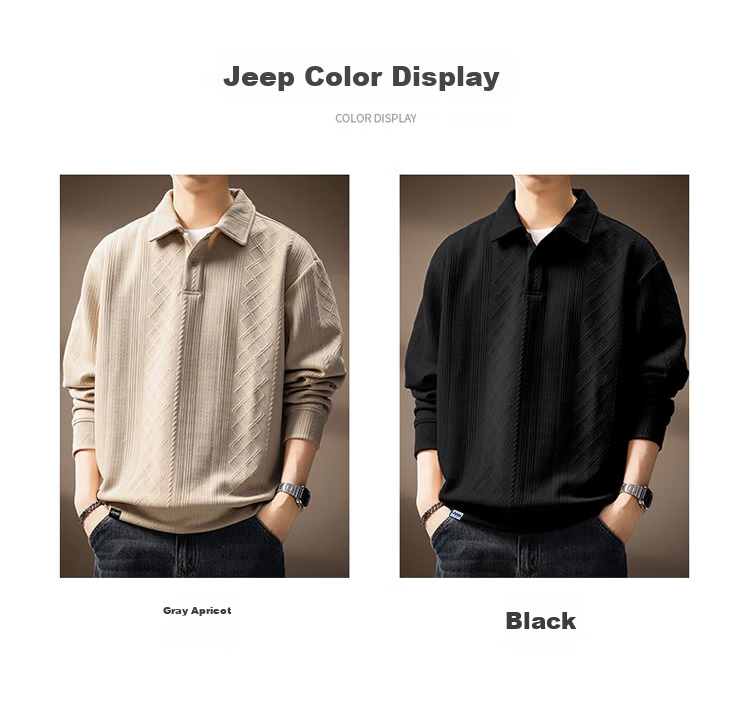 JEEP Men's Spring Autumn Polo Collar Long Sleeve Heavyweight T-Shirt Sweatshirt Black 3XL 6