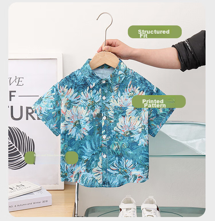LUOBOBEIBEI Boys' Short-Sleeve Shirt, Printed Blouse, Beach Vacation Wear, Formal Attire for School Opening, 23601 Green, Size 110 3