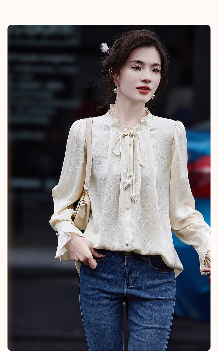 Dme [Ankeala Red] Elegant Office Blouse for Spring And Autumn, Wrinkled Shiny Ruffle Puff Sleeve Shirt Women's Top 2