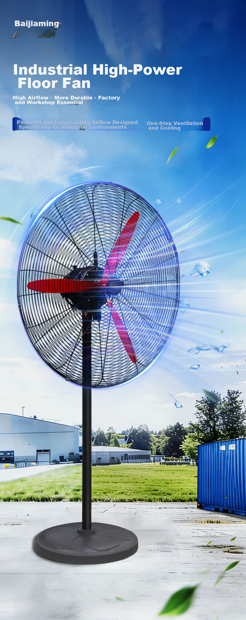 Baijiaming Industrial Floor Fan Powerful Bullhorn Fan High Power Large Airflow Electric Fan for Construction Workshop Factory Commercial Aluminum Magnesium Blades Copper Wire Motor 30 Inch 750mm 2