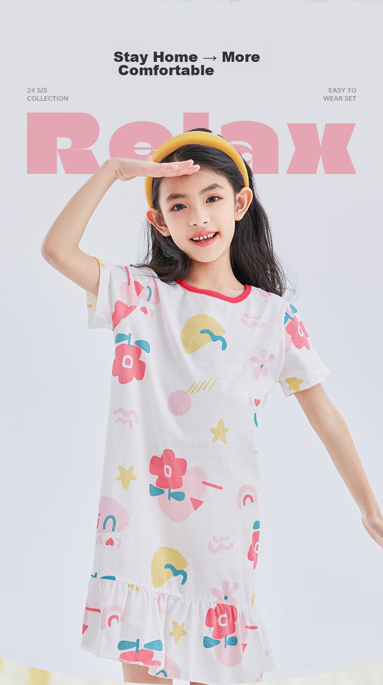 Hodo 【7A Antibacterial Pure Cotton】Girls Lightweight Breathable Mesh Nightdress Toddler Summer Cotton Short Sleeve Home Dress 3