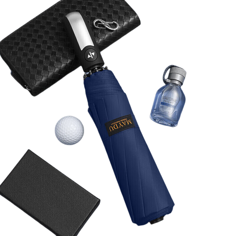 MAYDU Fully Automatic Three-Fold Business Folding Umbrella for Men, 10-Rib Double Sun Umbrella M3219 Blue