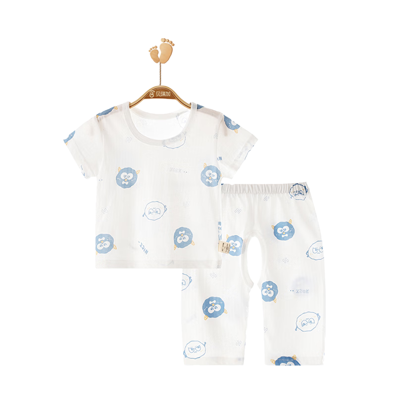 Babyprints Baby Homewear Set Summer Short Sleeve T-Shirt and Open Crotch Pants 2-Piece Cotton Thin Clothes Blue 90cm