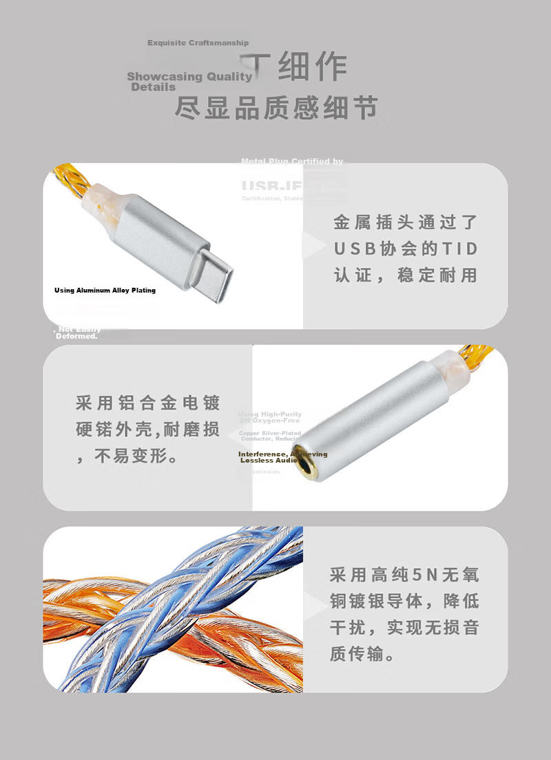 Yinwangsi Wired Earphones HiFi DAC Portable Mini Headphone Amplifier Audio Converter 3.5mm to Type-C Audiophile Grade 18