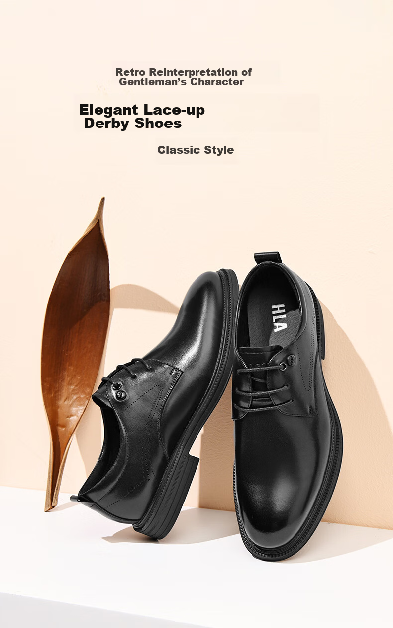 HLA Men's Leather Shoes Business Breathable Derby Black Perforated Size 42 Valentine's Day Gift HAAPXM2EAO079 1