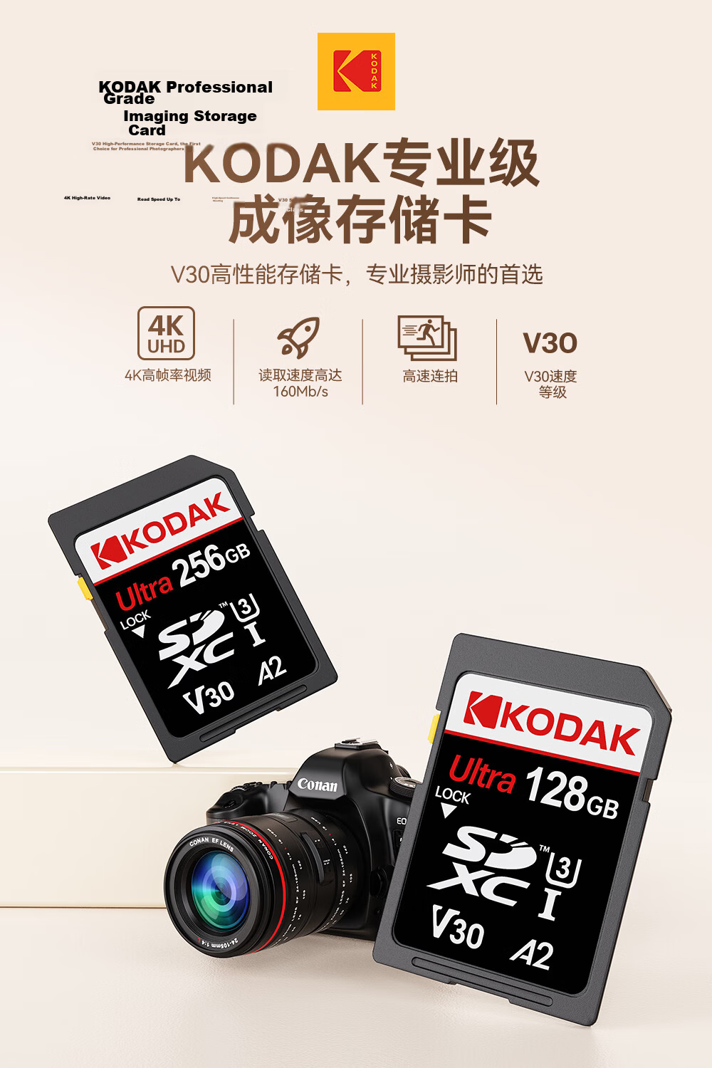 KODAK 256GB SD Memory Card 4K V30 U3 A2 Camera Storage Card 160MB/s Read 150MB/s Write for Mirrorless/DSLR Cameras 1