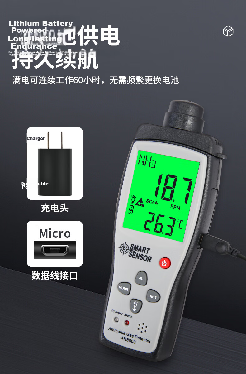 CEM Portable Ammonia Gas Detector NH3 Digital Display Audible and Visual Alarm AR-8500 8