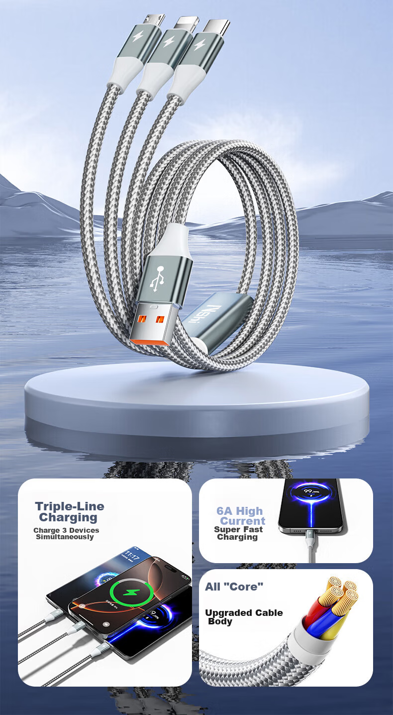 3-in-1 Data Charging Cable for Apple Type-C Android, 6A Fast Charge, Compatible with iPhone 17/16, Huawei, Honor, Xiaomi, Samsung, Car Use, 1.5m 2