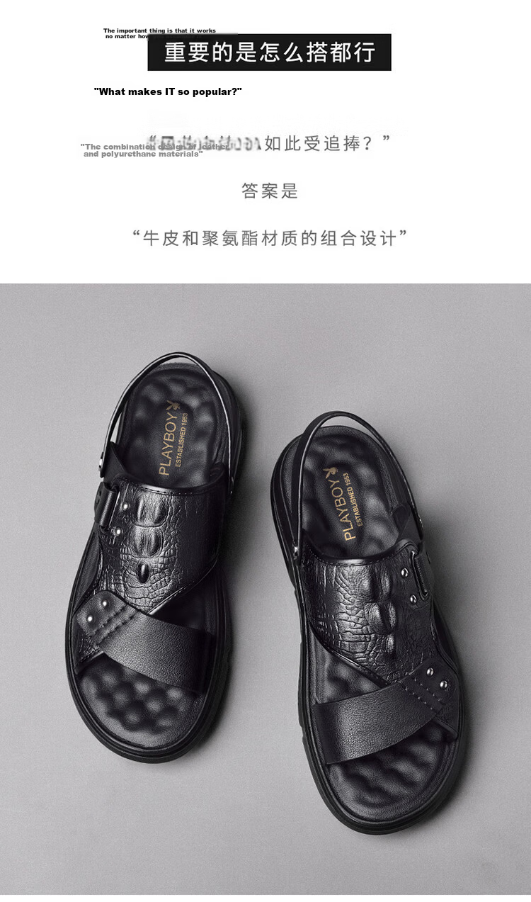 PLAYBOY Men's Leather Summer Sandals Genuine Leather Dual-Purpose Beach Shoes Lightweight Air Cushion Black Size 38 2