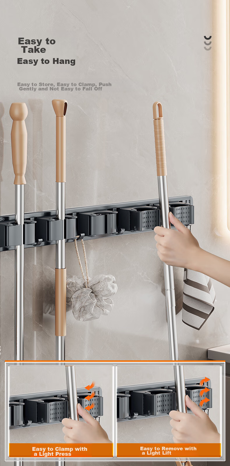 Cobbe Space Aluminum Mop Wall Hook, No Drilling Required, Broom And Cloth Holder, Bathroom Storage Organizer 5