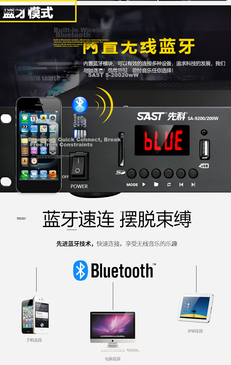 SAST 200W High Power Bluetooth Constant Voltage Amplifier Public Broadcasting Amplifier Ceiling Speaker Wall-mounted Speaker Home Theater System Four-Zone Audio Control 5