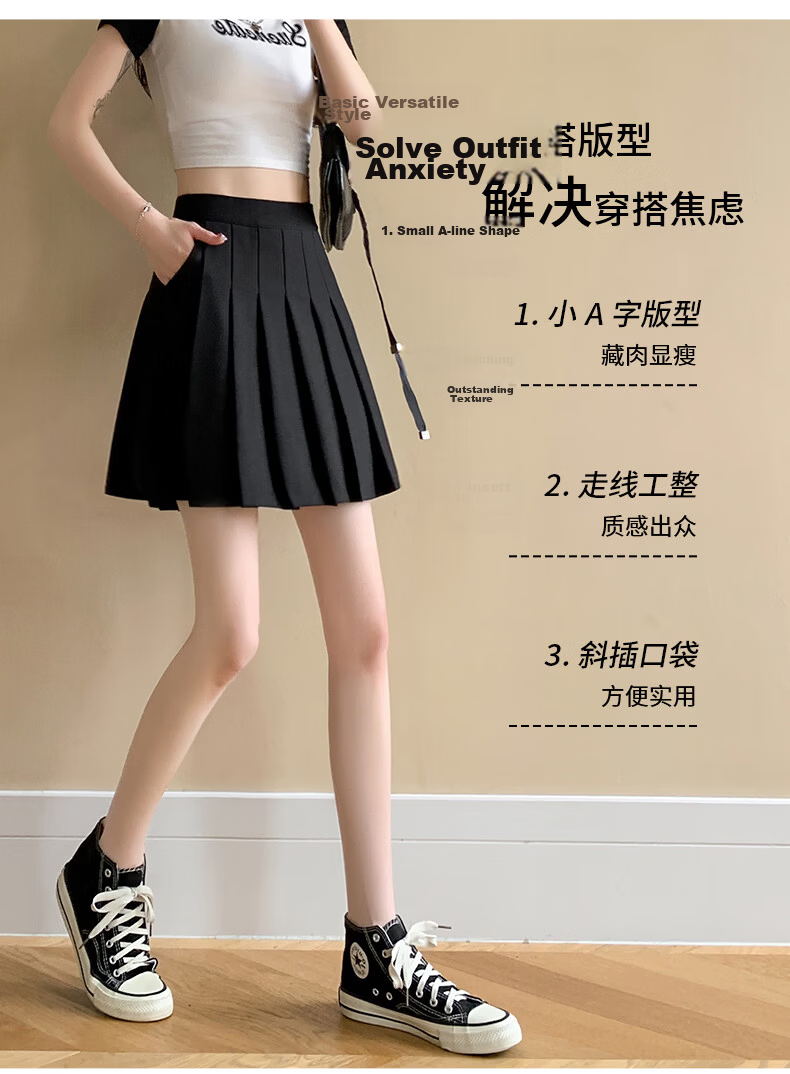 Langsha Pleated Half Skirt for Women Spring Summer Elastic Waist High Waist Slimming JK School Style A-Line Short Skirt with Pockets 4